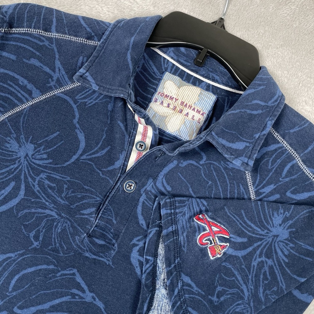 Tommy Bahama Baseball Polo‎ Shirt Men Medium Blue Floral Atlanta Braves Hawaiian